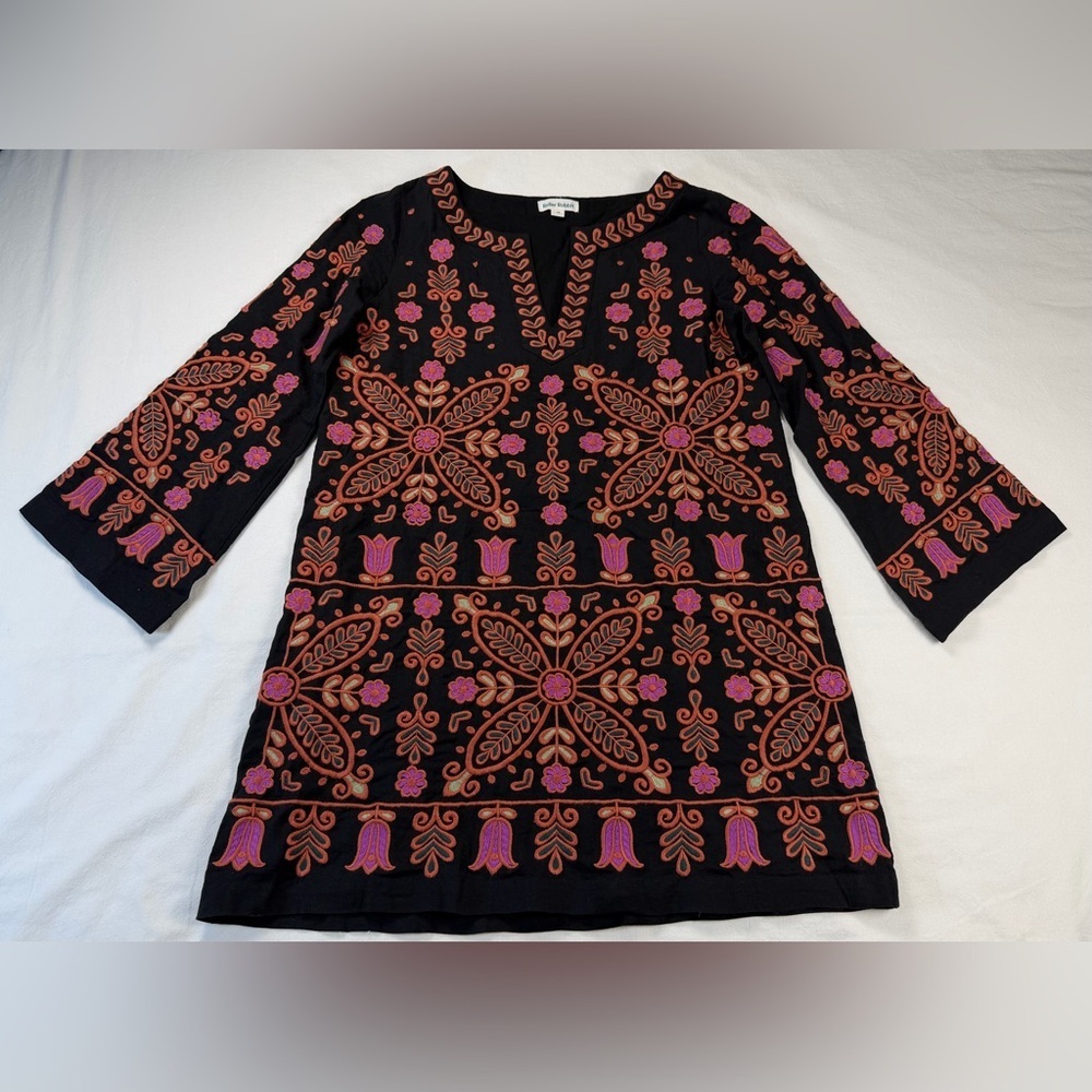 Roller Rabbit Black Pink Embroidered Boho Mini Dress Tunic Shift Dress XS - Picture 2 of 12